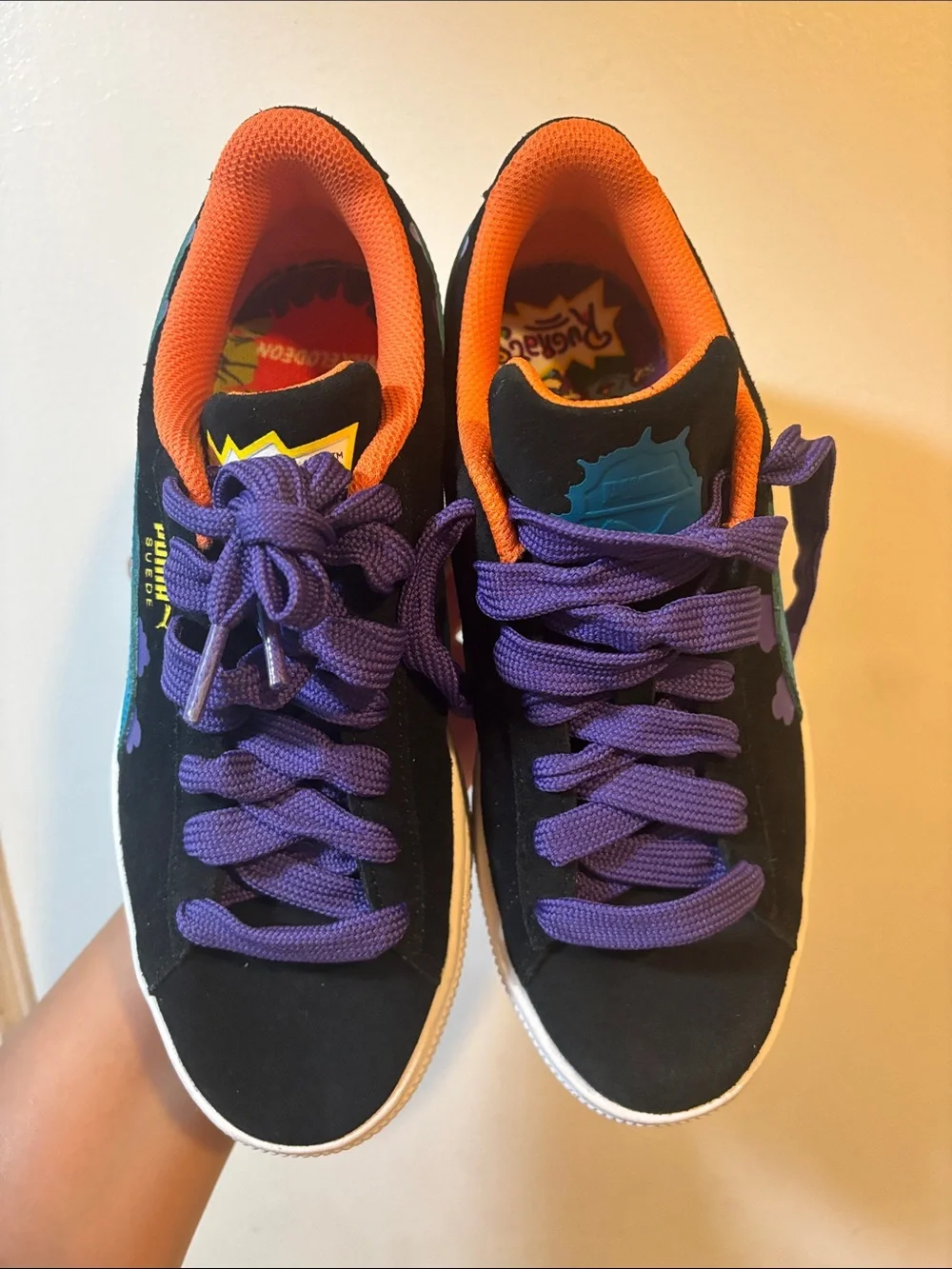 Puma Kids Black Sneakers with Purple Laces and Orange Interior Trim